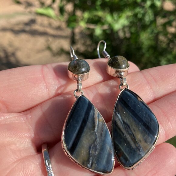 Labradorite and Blue Tigers Eye Hawk Eye Earrings Stone Crystal Jewelry - Picture 10 of 11